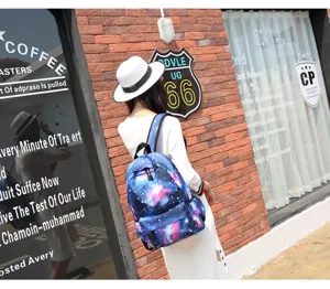 Vista trasera de una modelo con una mochila de lona con estampado de nebulosa estrellada.