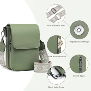Características bolso bandolera de cuero PU verde con correa ancha estampada y hebillas de metal