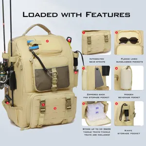 Tactical khaki fishing backpack showing multiple storage compartments and features.
