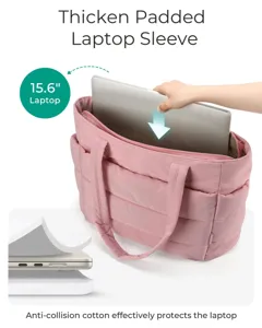 Detail of pink quilted tote bag featuring a thick padded 15.6 inch laptop sleeve.