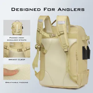 Detail of padded mesh shoulder straps and breathable padding on fishing backpack