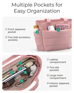 Detail view of pink quilted tote bag showing interior compartments and external pockets