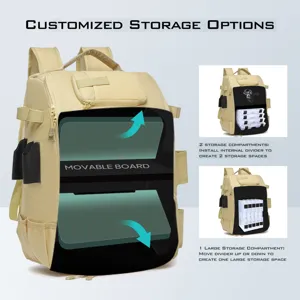 Internal view of khaki fishing backpack showing customized storage and movable divider