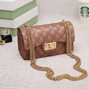 Elegant brown matte jelly bag with quilted pattern and gold chain strap