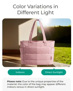Pink quilted tote bag showing color comparison between indoor and direct sunlight