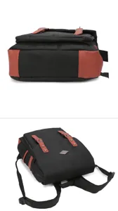 Mochila de lona negra estilo británico vintage con detalles de cuero marrón