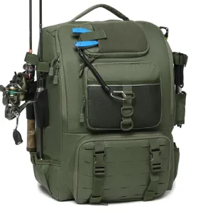 Professional olive green tactical fishing backpack with rod holder and MOLLE attachment system