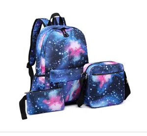 Juego de mochila de 3 piezas galaxia púrpura con bandolera y estuche con cremallera