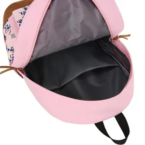 Sac à dos en toile rose pour femme, cartable décontracté à motif floral et grand compartiment.