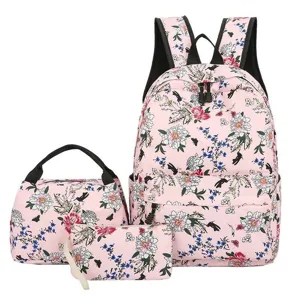 Détail du set de sac à dos fleuri rose avec motif clair, tissu résistant et belles finitions.