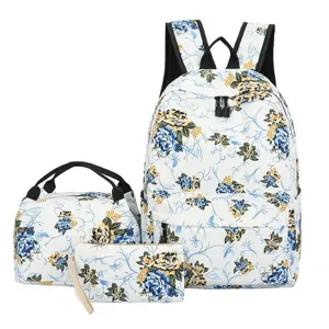 Ensemble de sac à dos floral à 3 pièces, cartable d'étudiant, fourre-tout et pochette élégante.