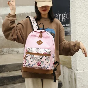 Sac a dos decontracte a fleurs, cartable en toile rose de grande capacite pour etudiants femmes.
