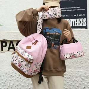 Ensemble Sac à Dos Floral Rose Femme 3 Pièces Grand Capacité Cartable Voyage Loisir Sac