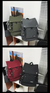 Large capacity water-resistant flap backpacks in olive, grey, burgundy, and black colors.