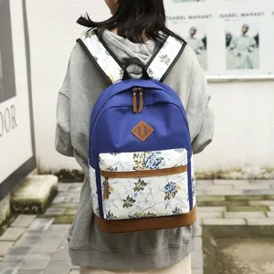 Sac à dos en toile décontracté avec motif floral, cartable d'étudiant bleu et sac pour femme.