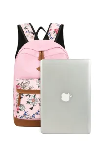 Joli sac à dos rose à motifs floraux pour étudiantes avec des détails en cuir marron.