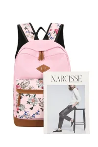 Sac à dos décontracté en toile à fleurs rose avec détails en cuir marron, spacieux.