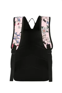Détail de sac à dos avec panneau arrière en maille noire respirante et bretelles réglables fleuries.