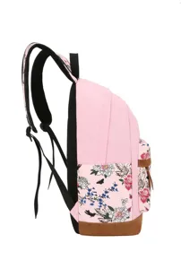 Vue latérale en gros plan du sac à dos rose avec motif floral et base en cuir marron.