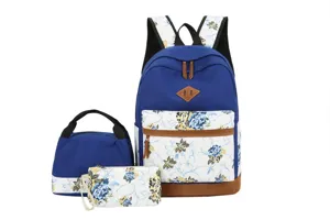 Vue détaillée du sac à dos en toile florale, cartable étudiant avec bel imprimé fleuri.