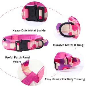 Detalles del collar táctico para perros con hebilla metálica, anillo D, velcro y asa