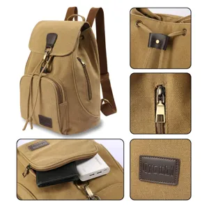 Detail shots of khaki vintage canvas backpack with metal hardware and leather patch.