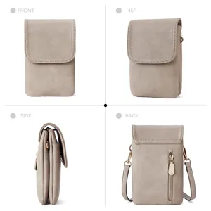 Comprehensive four-angle view of a grey PU leather small crossbody phone bag for women