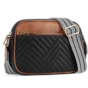 Close-up of vintage color-block crossbody bag with quilted pattern and woven strap