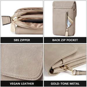 Close-up details of beige vegan leather phone bag featuring SBS zipper and gold hardware