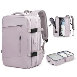 Mochila de viaje expandible lavanda con gran capacidad y puerto de carga USB