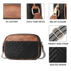 Detailed view of quilted PU leather crossbody bag with gold hardware and wide strap