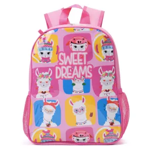 Pink kids school backpack with cute alpaca cartoon patterns and Sweet Dreams text