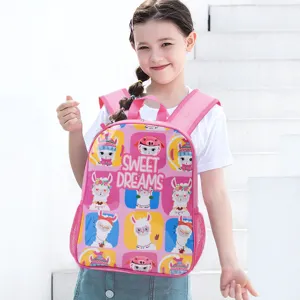 Pink children's school backpack with cute llama pattern and Sweet Dreams print