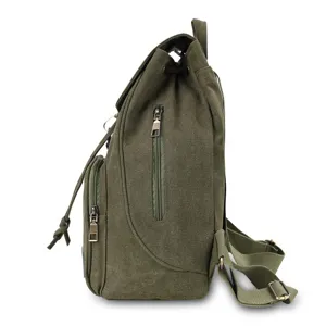 Side profile detail of a vintage army green canvas backpack with metallic zipper