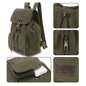 Detail view of army green vintage canvas backpack showing various pockets and texture