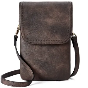 Close-up detail of a minimalist dark brown PU leather crossbody phone bag for women