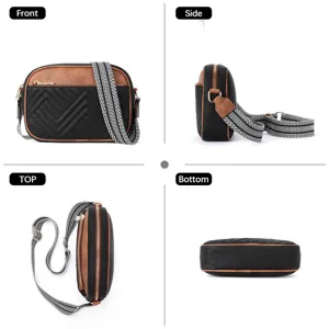 Four-view detail of a vintage color-block crossbody bag with a striped woven strap.