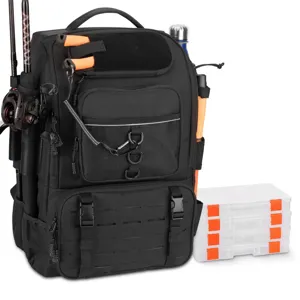 Professional black lure fishing backpack featuring multiple compartments and tackle boxes