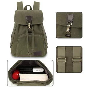 Detailed views of vintage green canvas backpack showing buckle and large interior