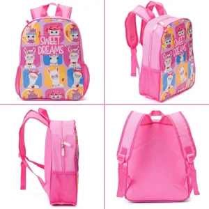 Pink primary school backpack with alpaca print and Sweet Dreams text design