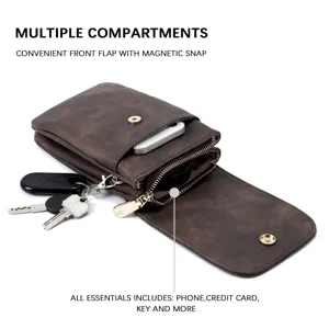 Vintage brown PU leather phone crossbody bag with multiple compartments and magnetic snap