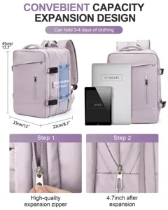 Vista detallada de la función de expansión y las dimensiones de la mochila lila.