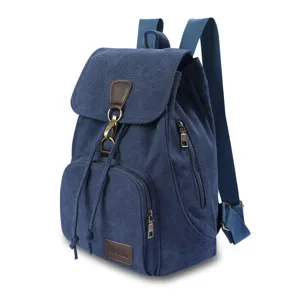 Side view of a professional retro blue canvas backpack with vintage bronze hardware.