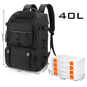 Large 40L outdoor fishing backpack with 4 tackle boxes and clear dimensions shown