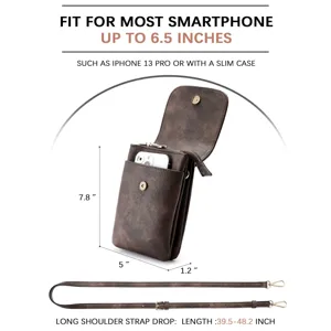 Dimensions and phone compatibility detail for women's brown PU leather crossbody bag