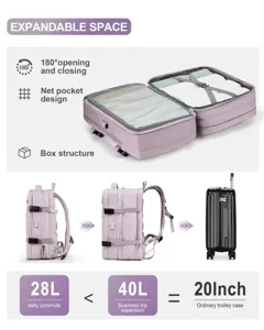 Detalle de la expansión de 28L a 40L de la mochila de viaje multifuncional lavanda.