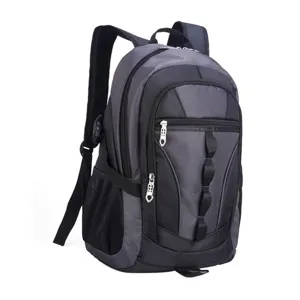 Modern grey and black nylon school backpack for students featuring multiple zipper pockets