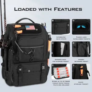 Multi-functional fishing backpack features tackle trays and rod holders for angling