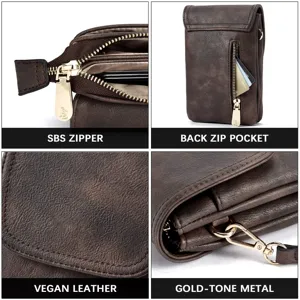 Detail collage of brown vegan leather phone bag showing zipper, pocket, and gold hardware