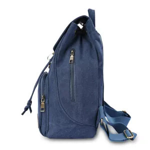 Side profile detail of a vintage navy blue canvas backpack for women school daypack